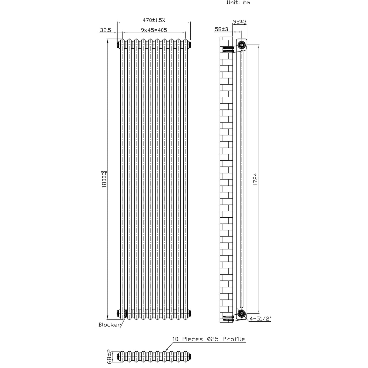 Radiador Tradicional de 2 Colunas - 1800 x 470mm - Metal Cru