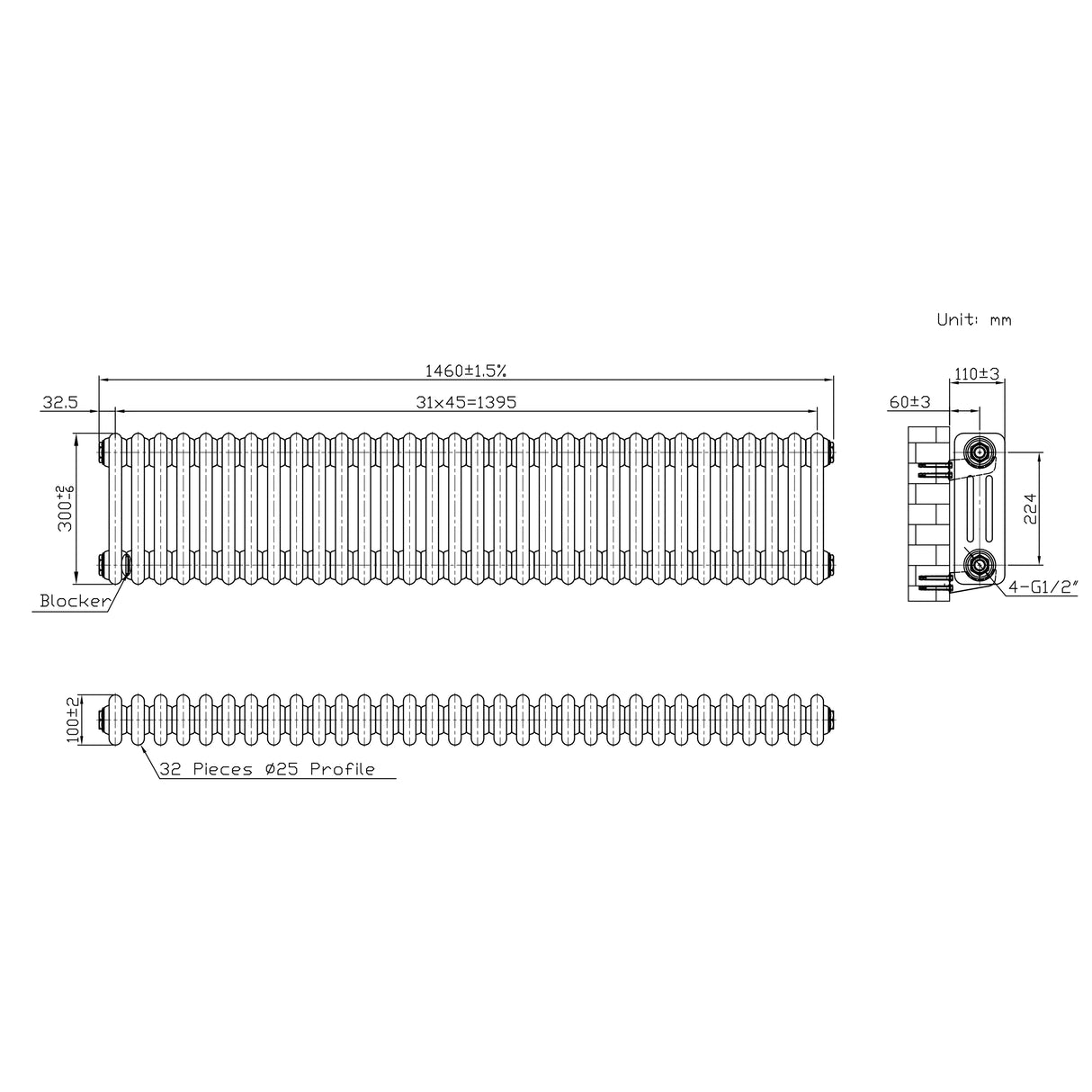 Radiador Tradicional de 3 Colunas - 300 x 1460mm - Metal Cru