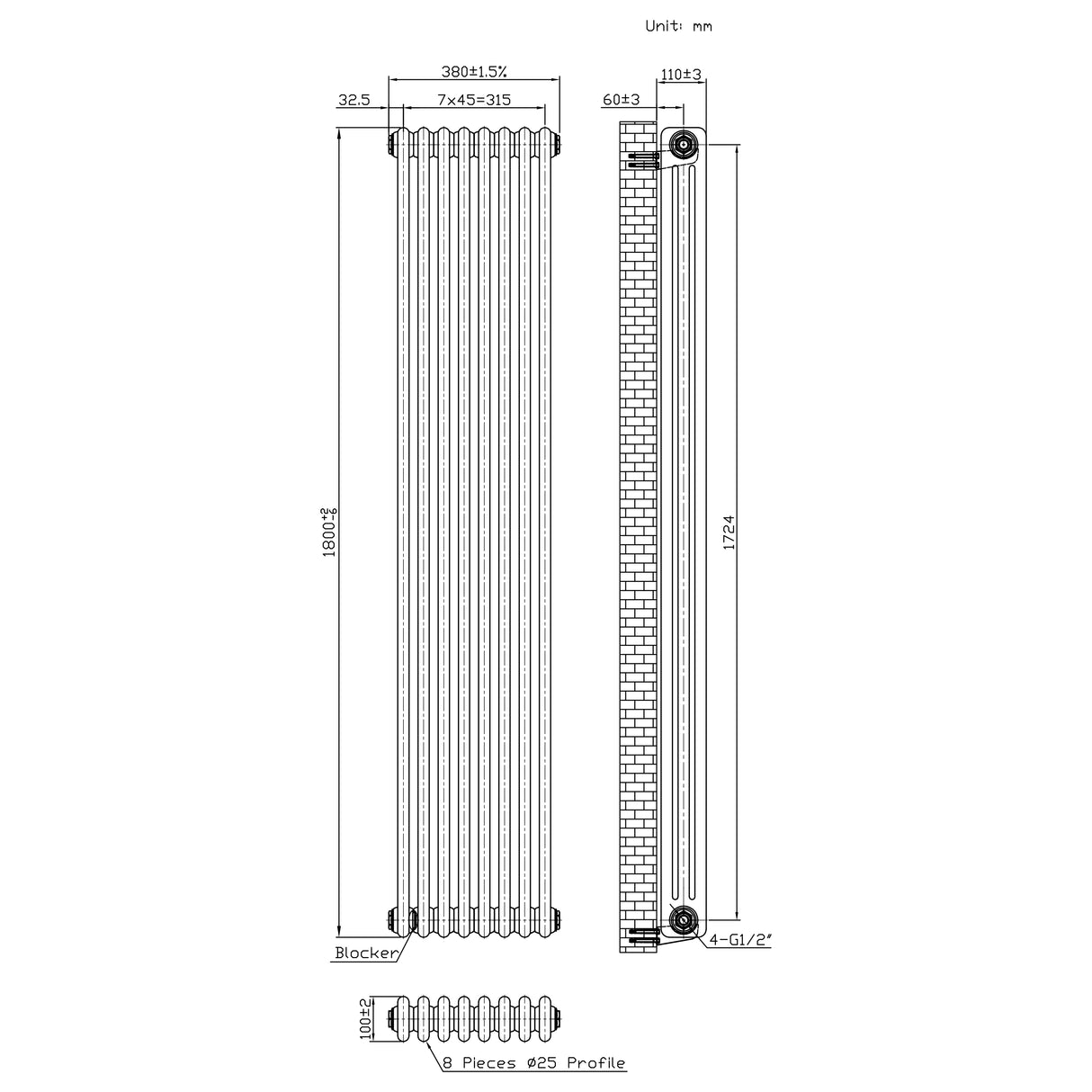 Radiador Tradicional de 3 Colunas - 1800 x 380mm - Metal Cru
