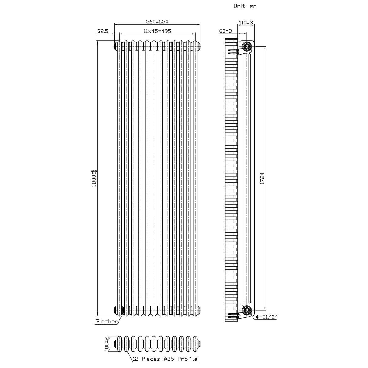 Radiador Tradicional de 3 Colunas - 1800 x 560mm - Metal Cru
