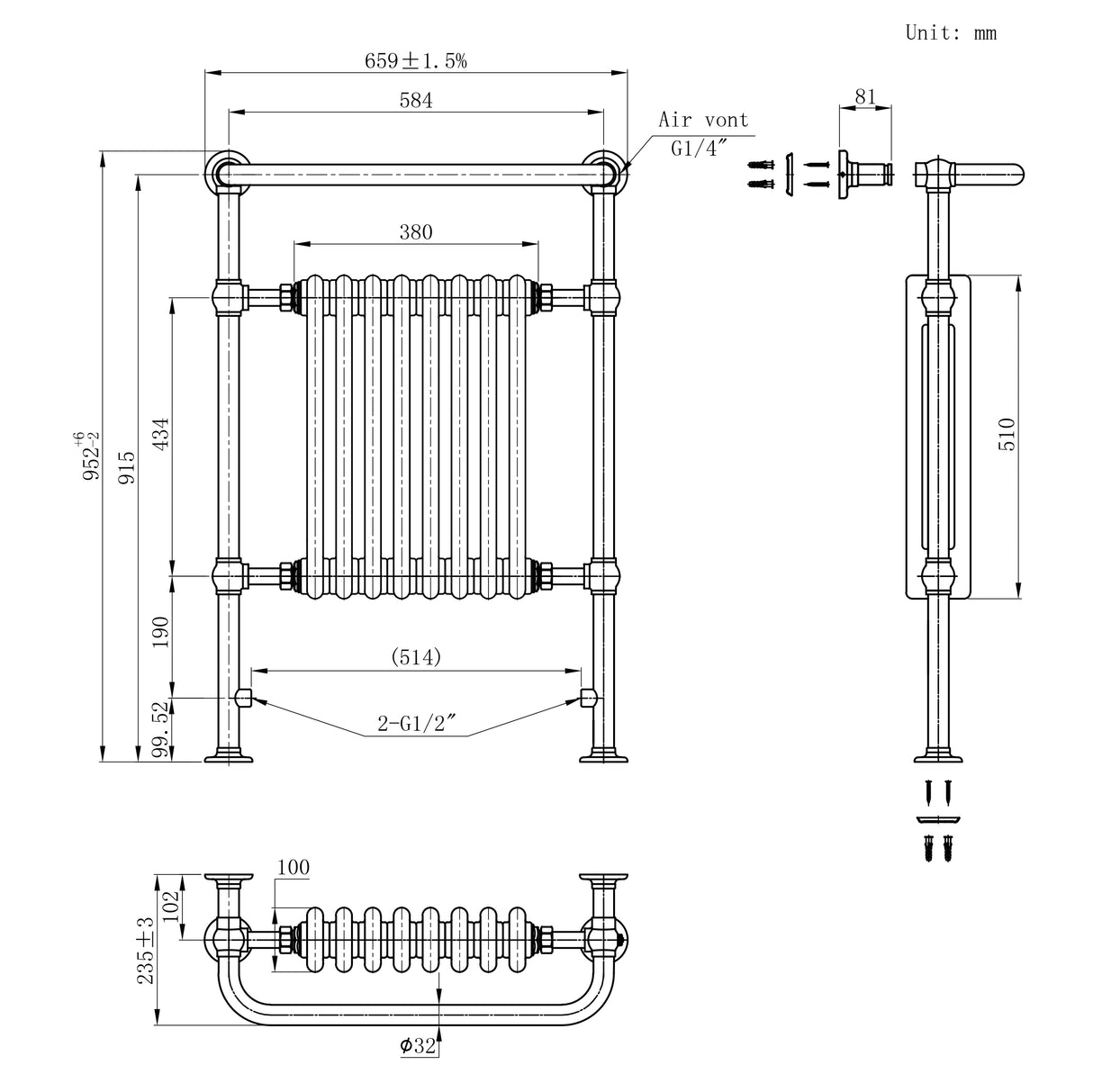 Radiador Toalheiro Tradicional – 950mm x 660mm – Cinza Antracite
