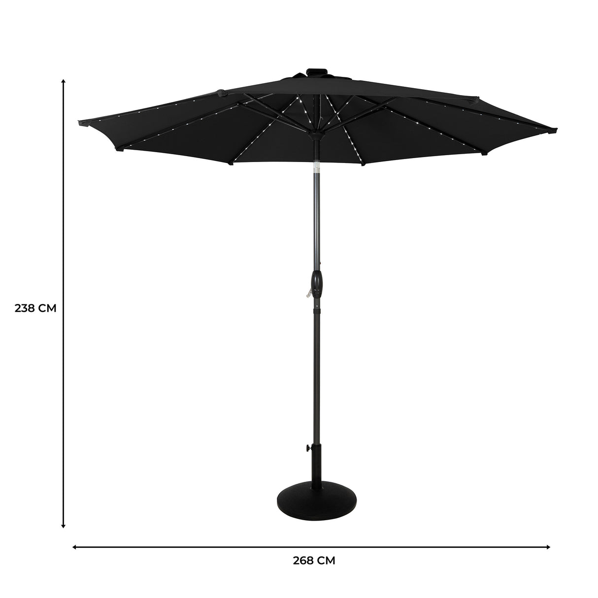 Guarda-Sol Inclinável LED 2,7 m com Base – Preto
