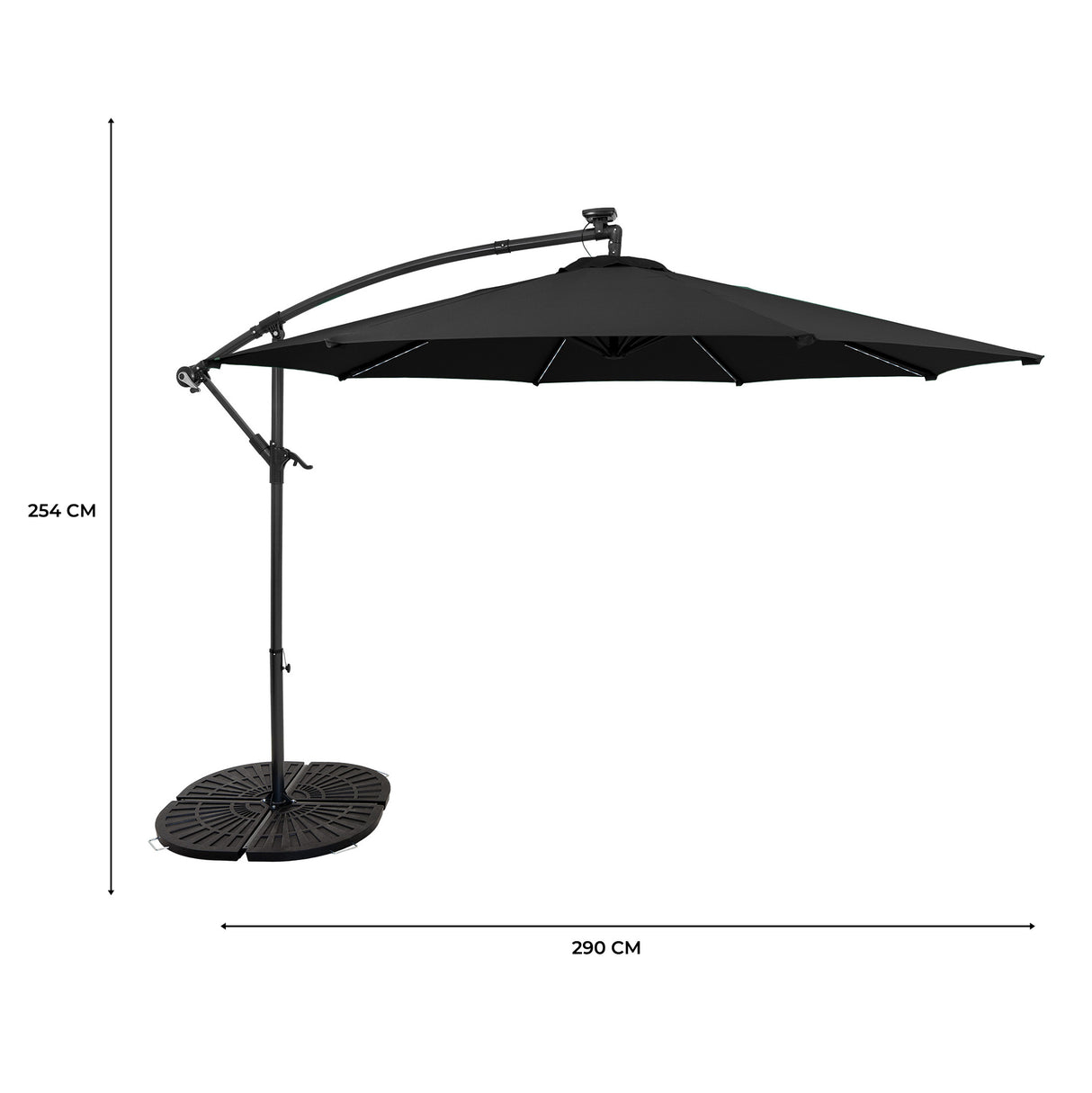 Guarda-Sol Suspenso LED 3 m com Base Tipo Leque Completa – Preto