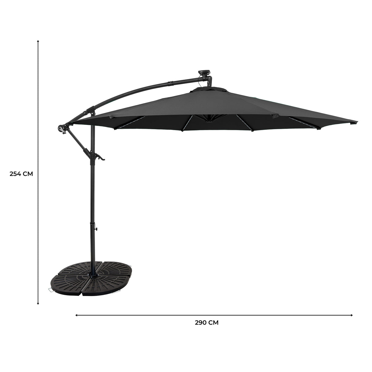 Guarda-Sol Suspenso LED 3 m com Base Tipo Leque Completa – Cinzento