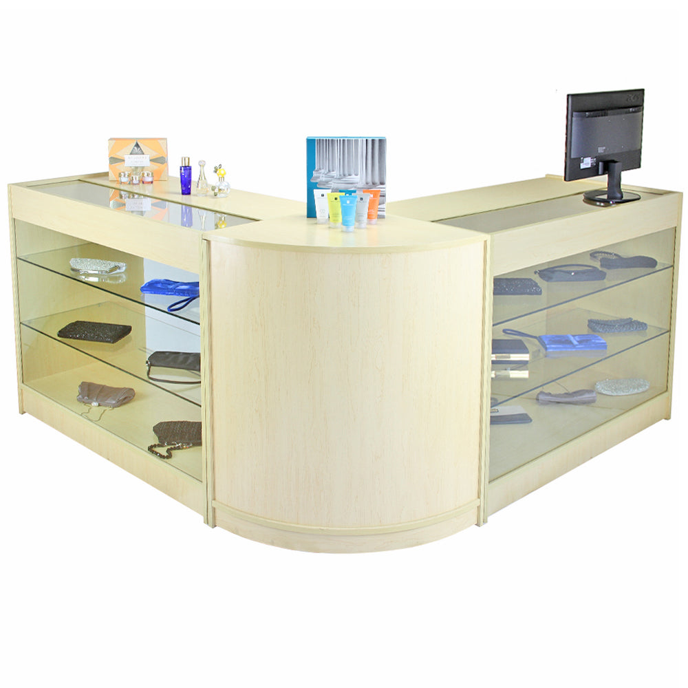 Balcão e expositor de varejo Horizon Maple em tom claro, com prateleiras de vidro e design moderno, ideal para lojas e exibições