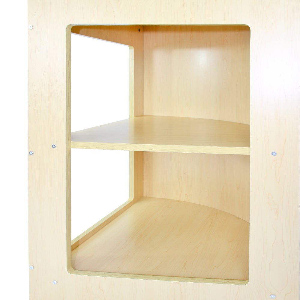 Balcão e expositor de varejo Horizon Maple em madeira clara, com prateleiras retangulares e bordas arredondadas, ideal para exibição de produtos
