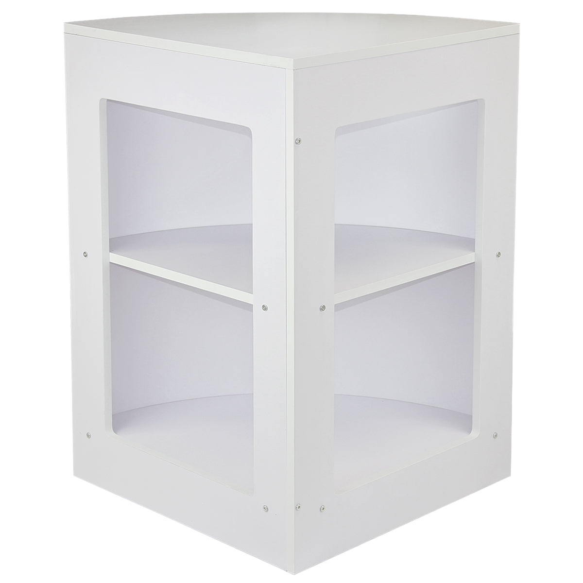 Móvel de canto branco brilhante com prateleiras internas, design moderno e acabamento liso, ideal para organização de espaços pequenos