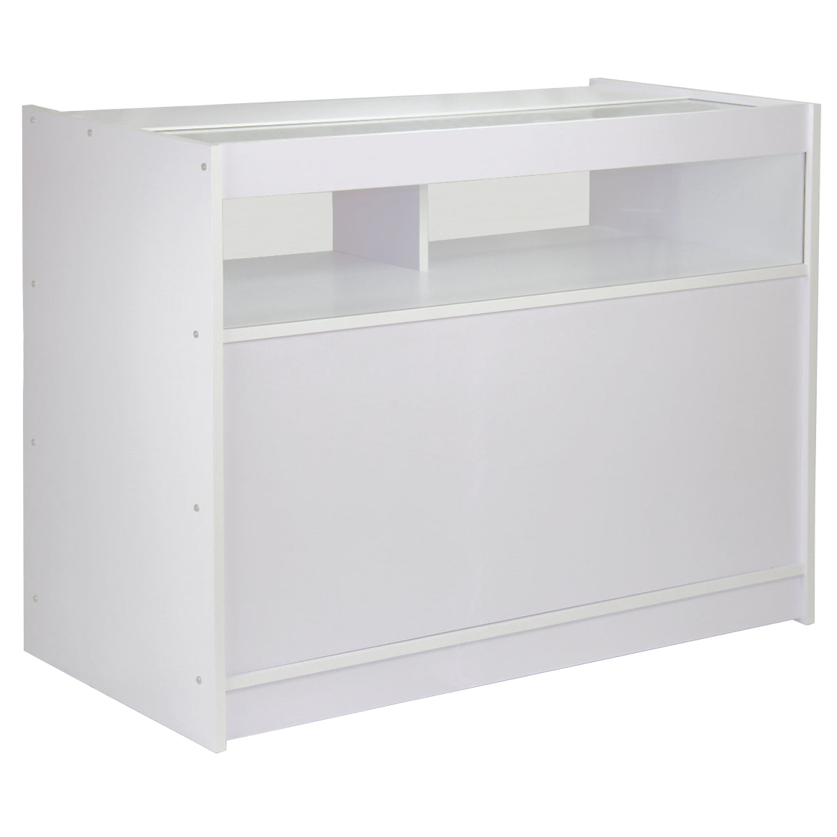 Móvel branco brilhante com design moderno, possui prateleira superior e compartimento inferior, ideal para organização e decoração
