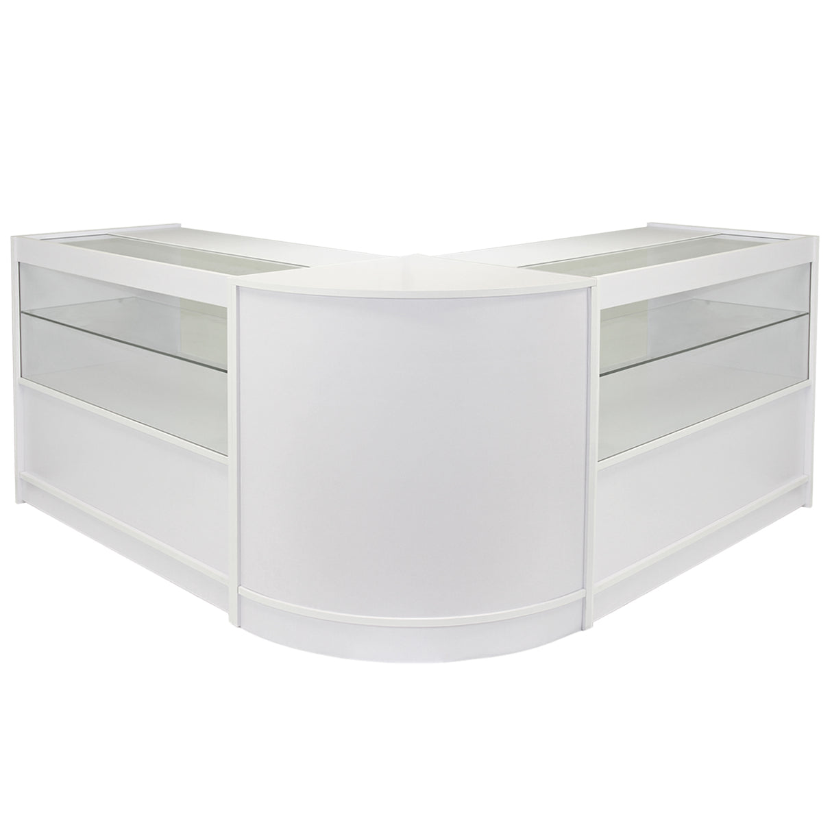 Balcão de vidro branco brilhante em formato de L, com prateleiras transparentes e acabamento liso, ideal para exibição de produtos