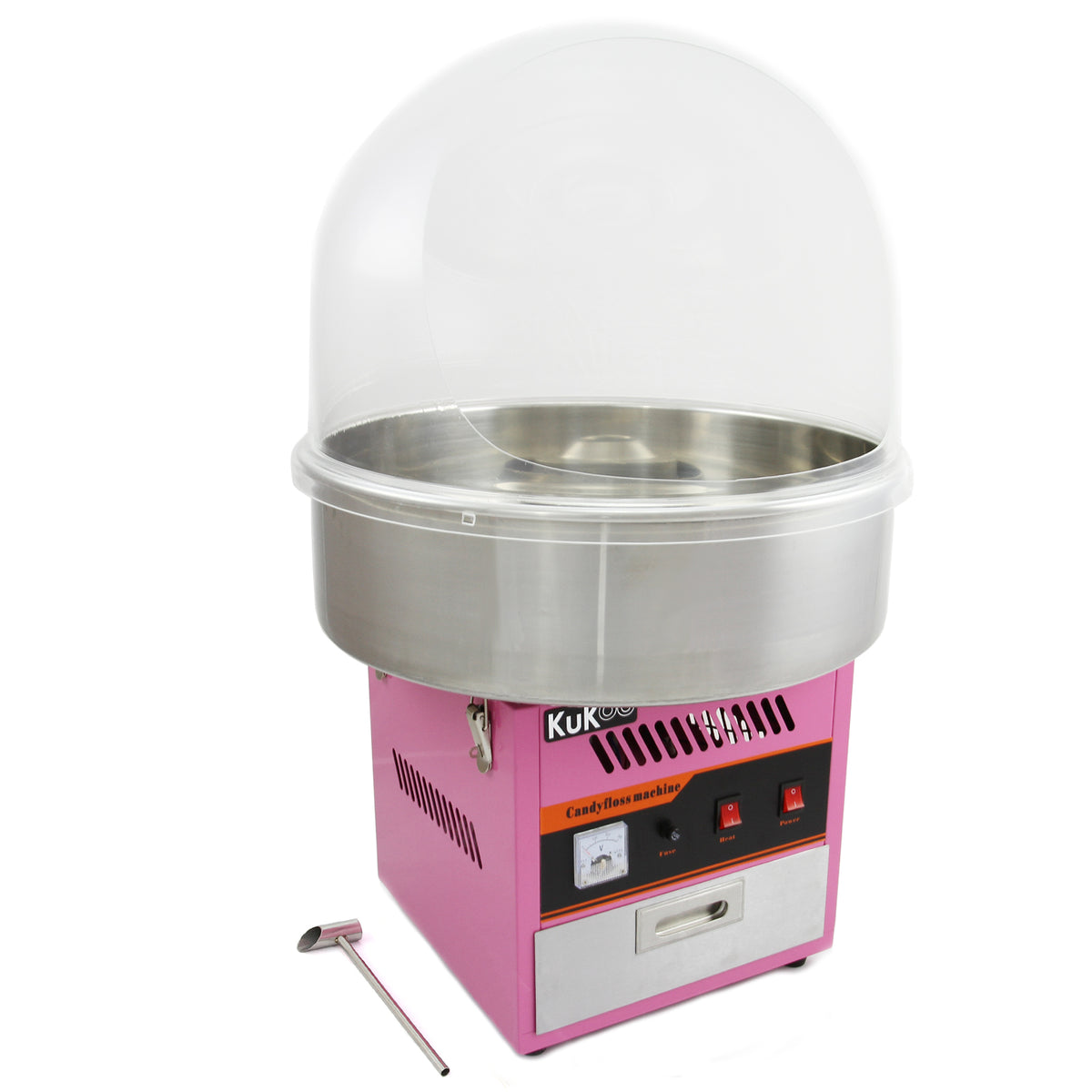 Máquina de algodão-doce KuKoo em rosa, com cúpula protetora transparente e base metálica prateada, ideal para festas e eventos