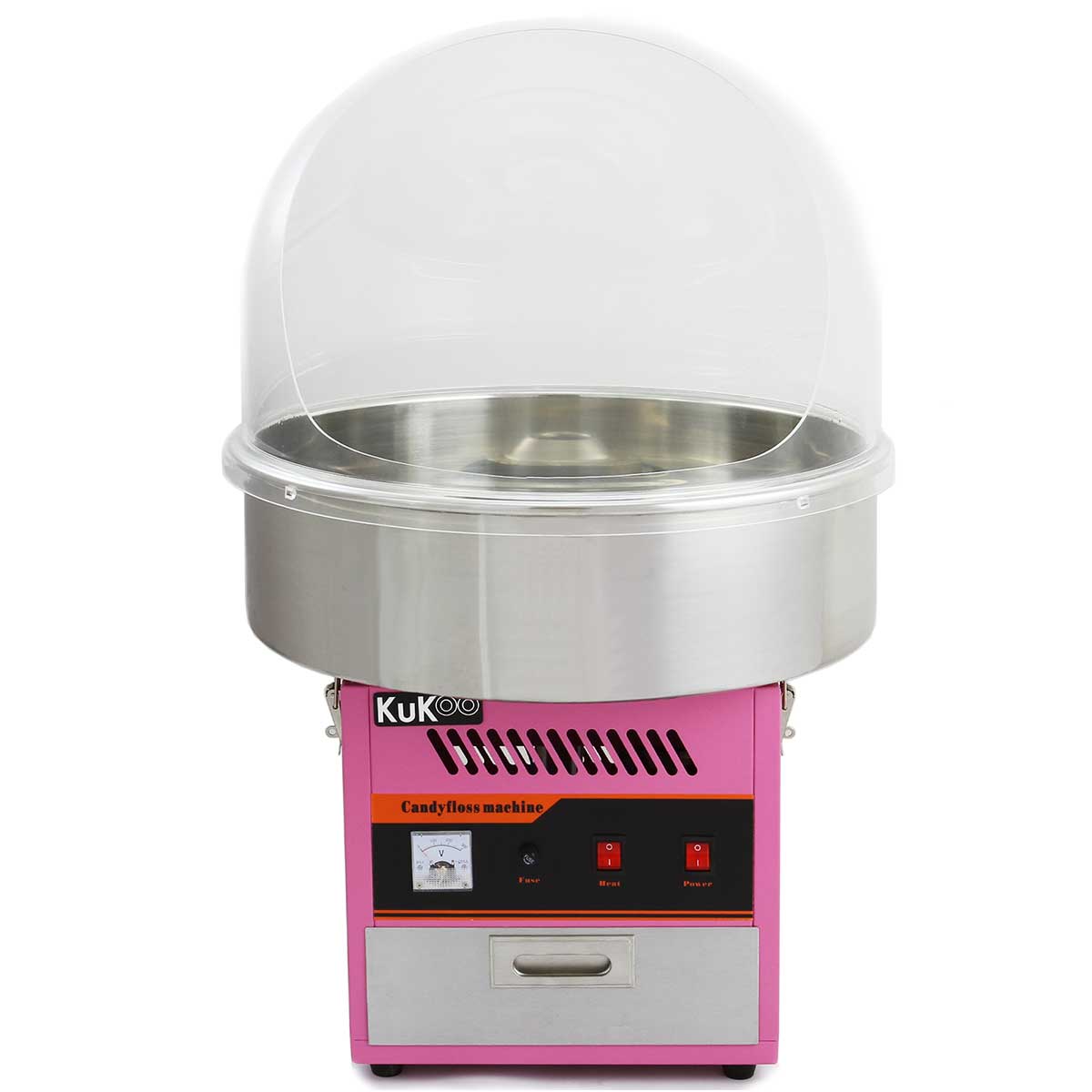Máquina de algodão-doce KuKoo em rosa com cúpula protetora transparente e base de aço inox, ideal para festas e eventos