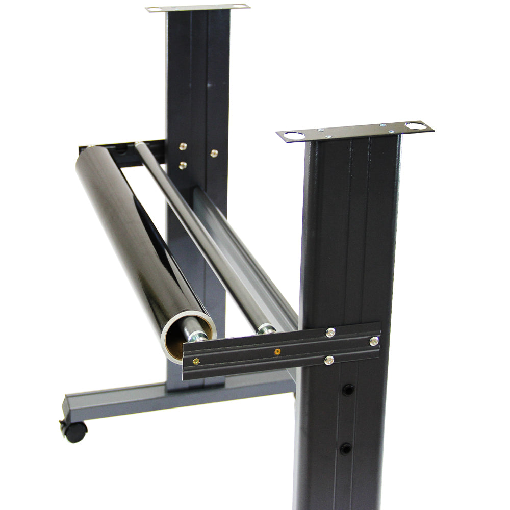 Plotter de recorte de vinil de 720 mm com suporte robusto, estrutura metálica preta, rolo para material e rodas para fácil movimentação
