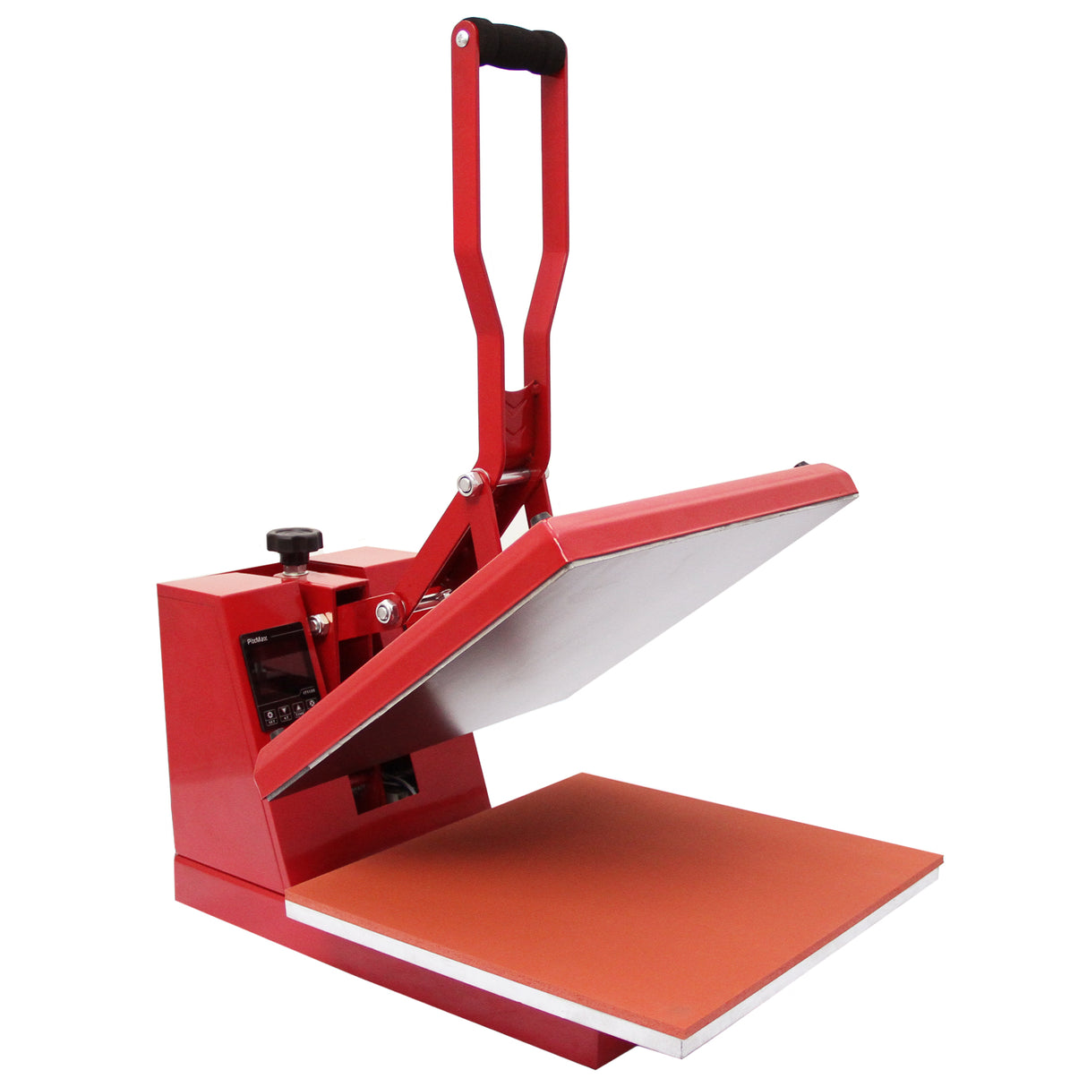 Prensa de concha vermelha de 38 cm com base laranja, ideal para transferir estampas em tecidos e vinil, com alça ergonômica
