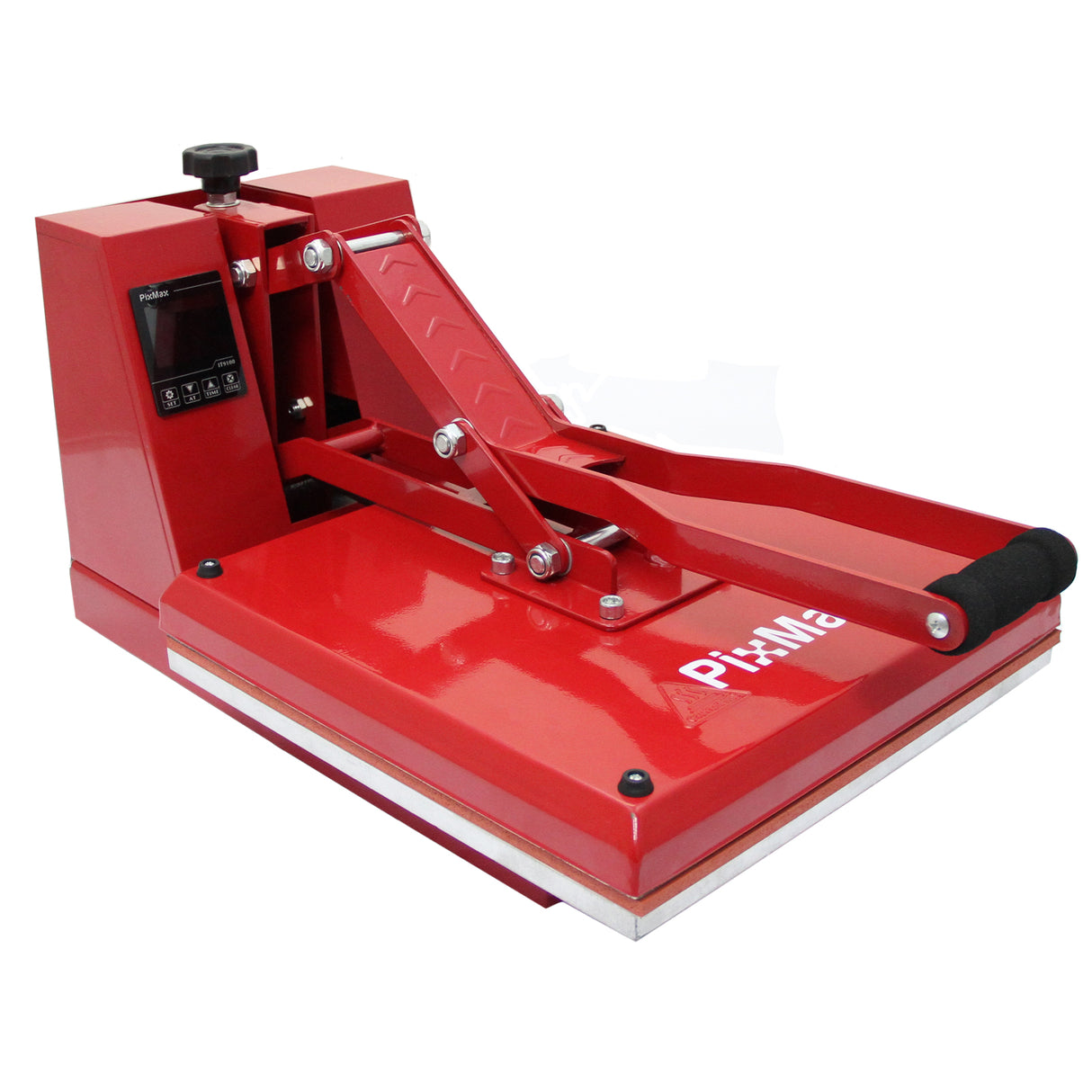 Prensa de concha vermelha de 38 cm com base plana, alavanca ajustável e painel digital para transferências de vinil e estampas