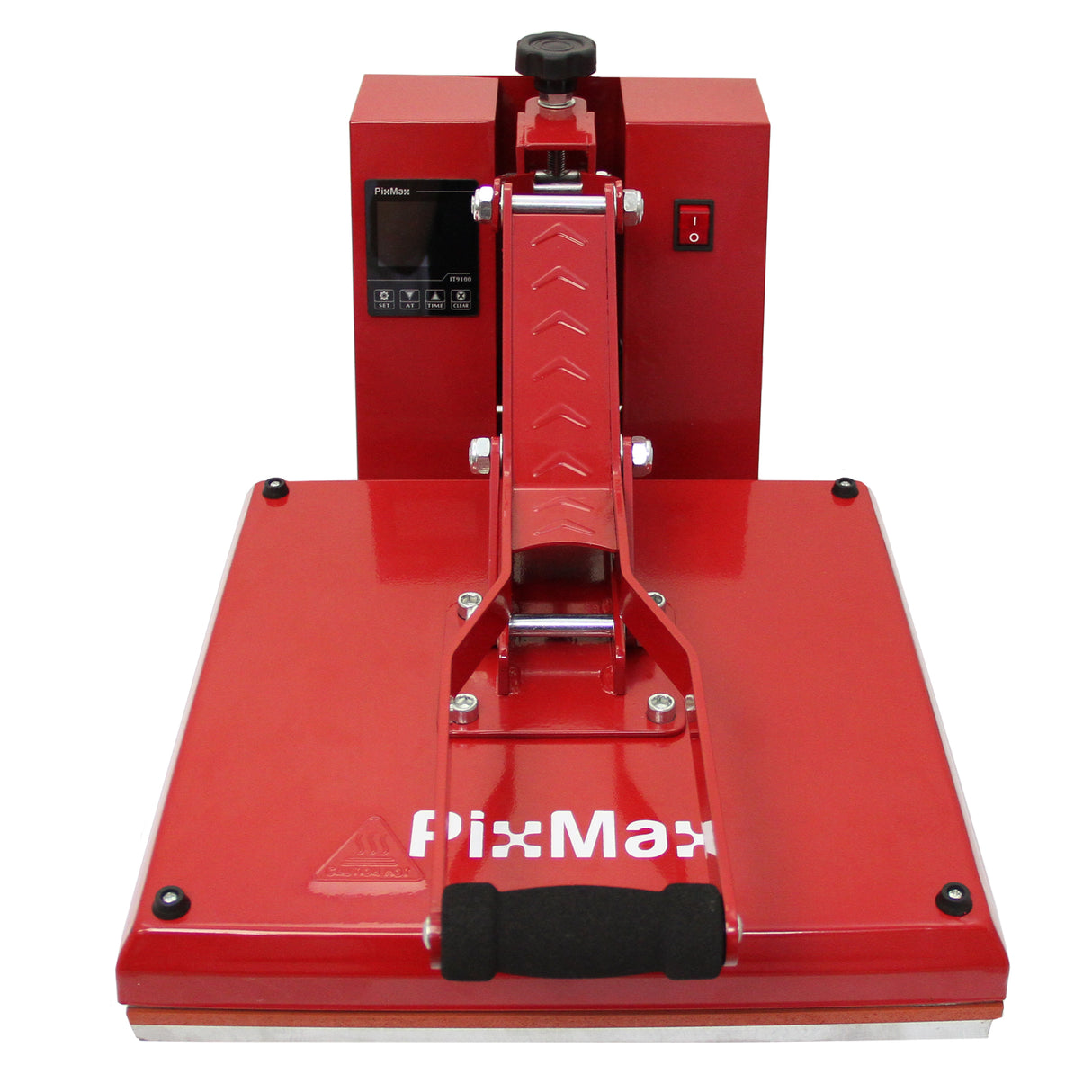 Prensa de concha vermelha de 38 cm com base ampla, controle digital e alça ergonômica para transferências de vinil e estampas