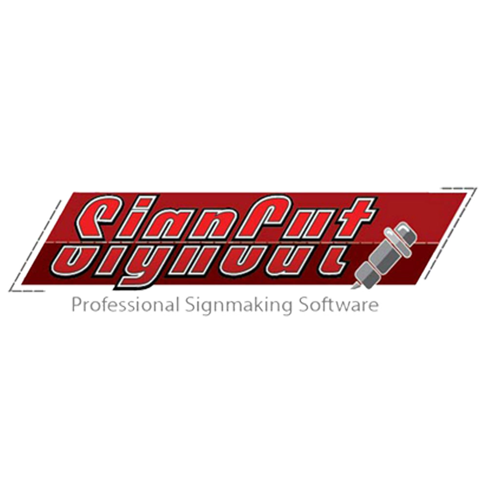 Logotipo da SignCut em vermelho e cinza, destacando "Professional Signmaking Software" com um ícone de ferramenta ao lado