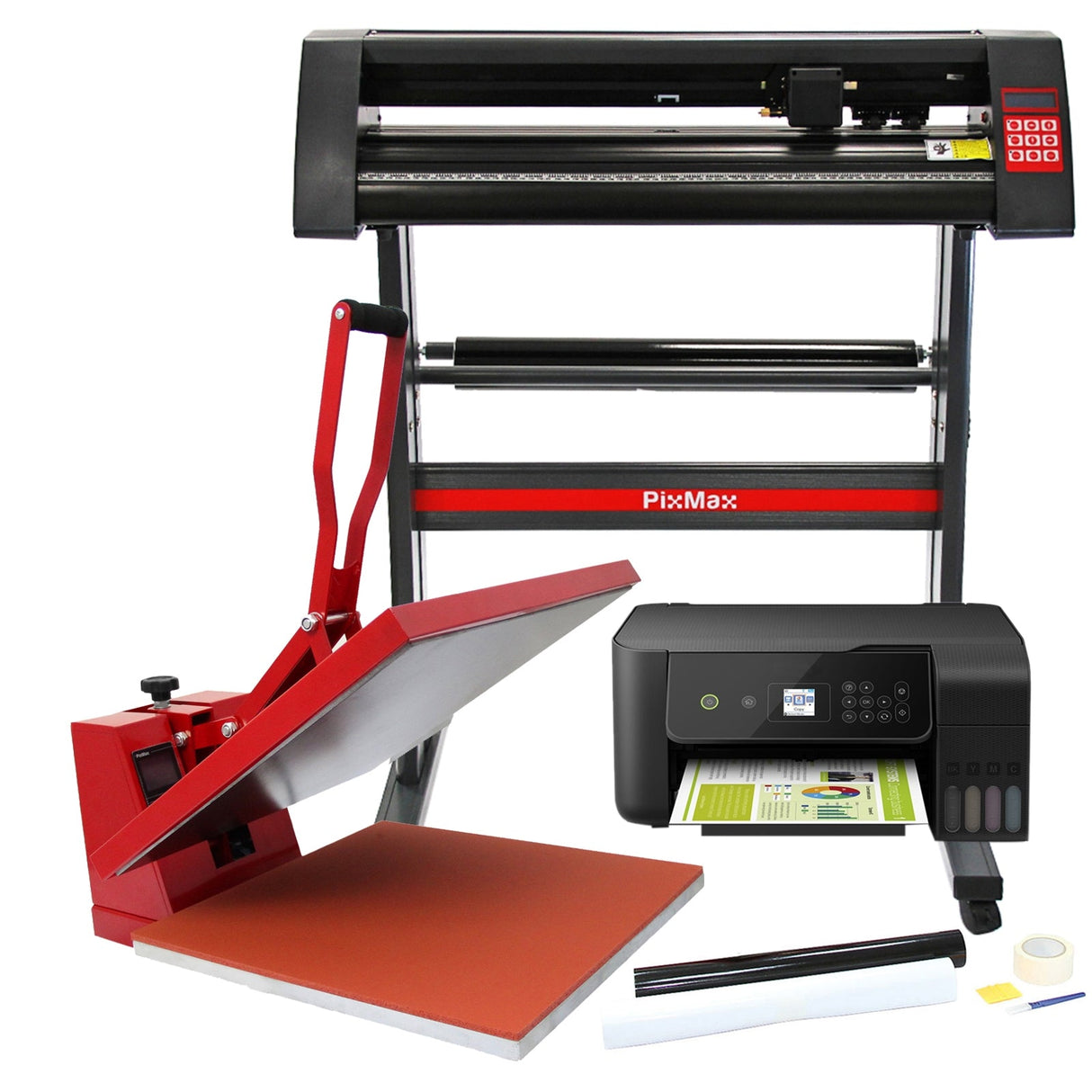 Kit plotter de corte de vinil PixMax, impressora, prensa 50x50cm e pacote de remoção de ervas daninhas