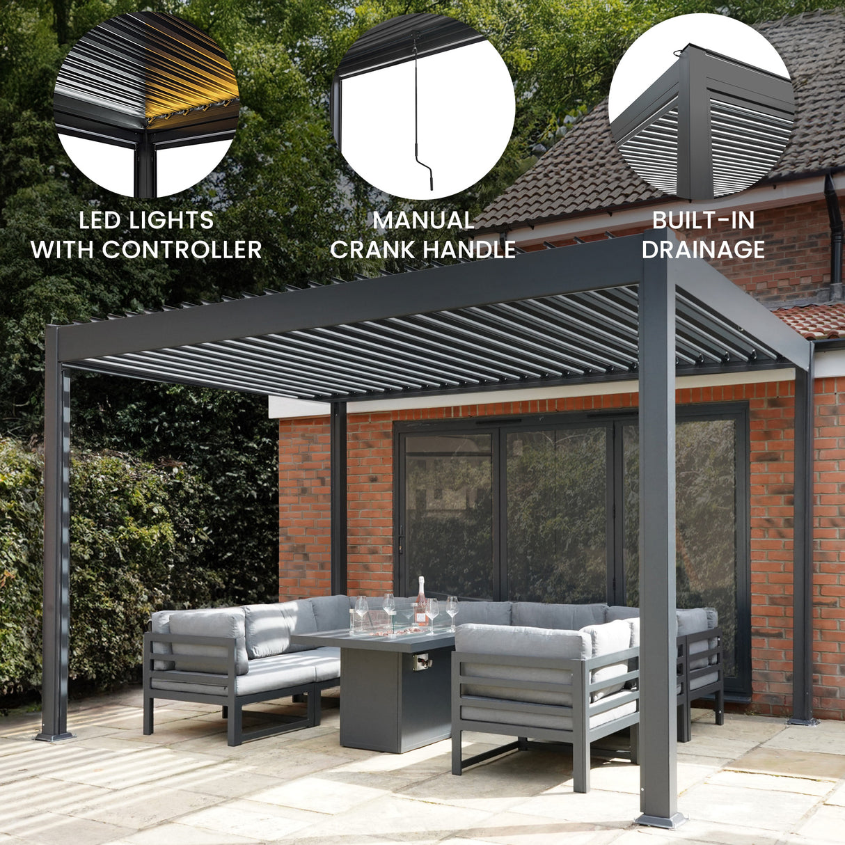 Pérgola de alumínio antracite com luzes LED - 3m x 3m