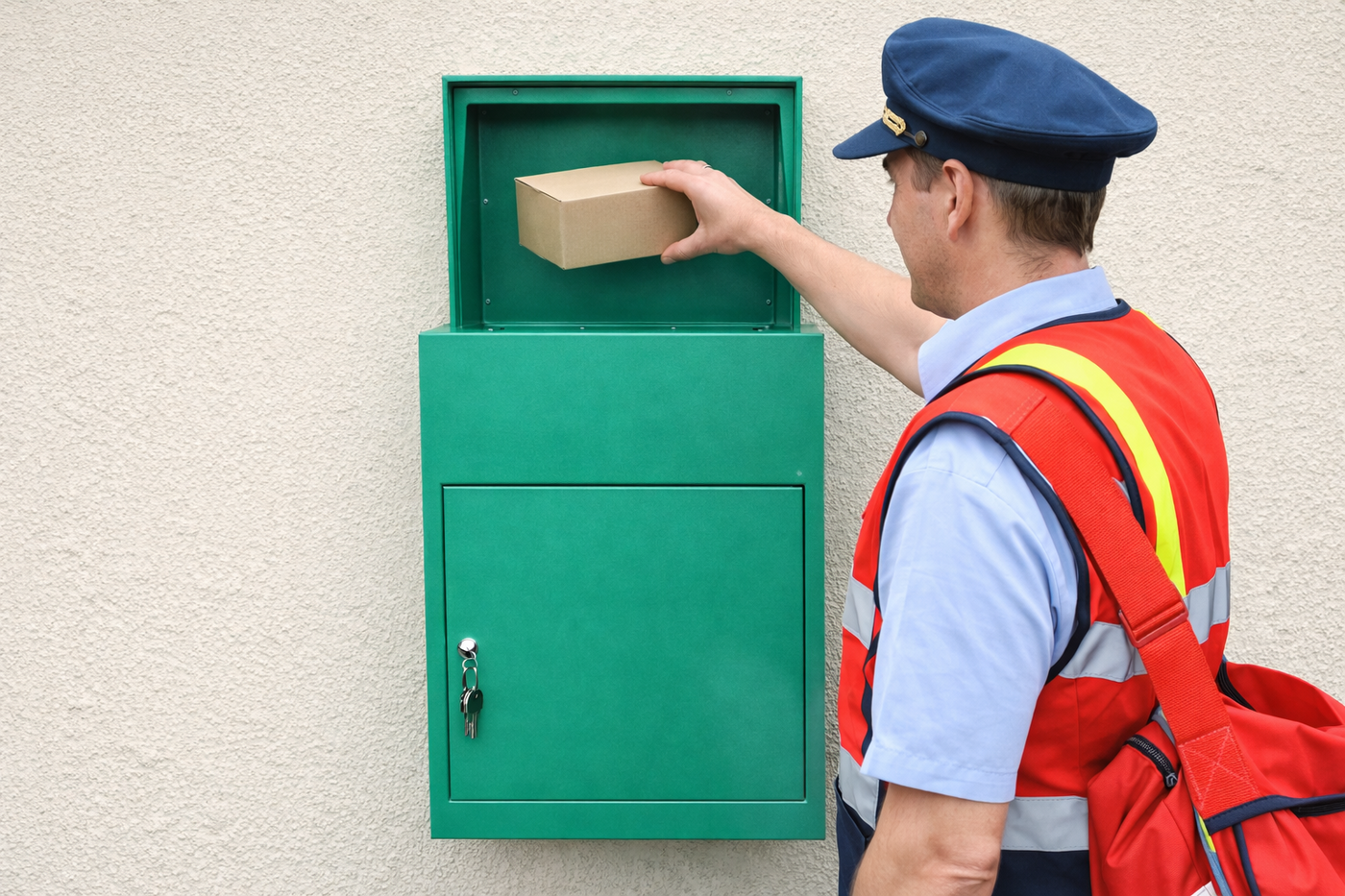 Carteiro colocando uma caixa de papelão em uma caixa de correio verde, com parede clara ao fundo e uniforme azul e vermelho