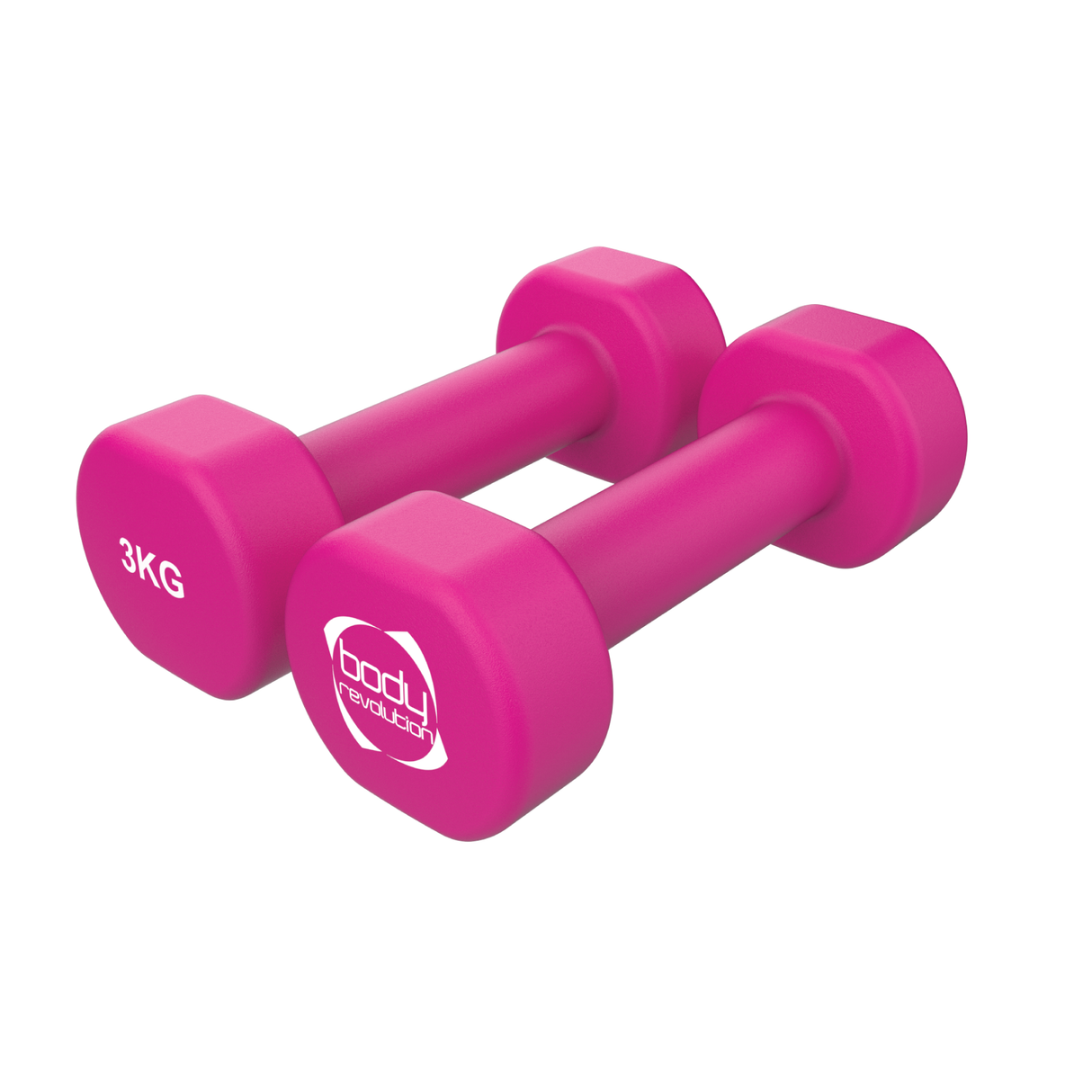 Halteres de neoprene rosa de 3 kg, formato hexagonal, com superfície lisa e logotipo da marca, ideal para exercícios em casa