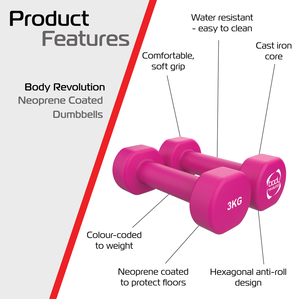 Halteres de neoprene rosa de 3 kg, com design hexagonal, superfície macia e resistente à água, ideais para exercícios em casa