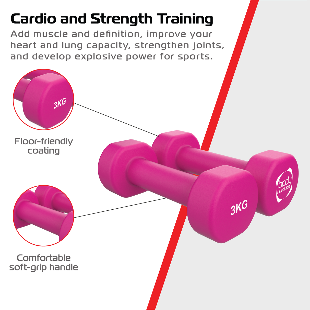 Halteres de neoprene rosa de 3 kg com revestimento antiderrapante e cabo macio para conforto durante o treino