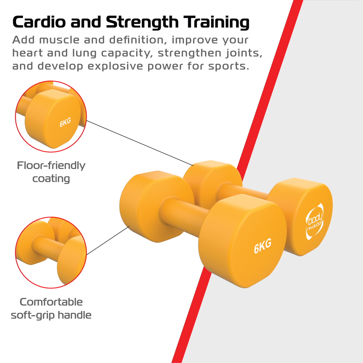 Halteres de neoprene laranja de 6 kg, com revestimento antiderrapante e cabo macio para conforto durante o treino