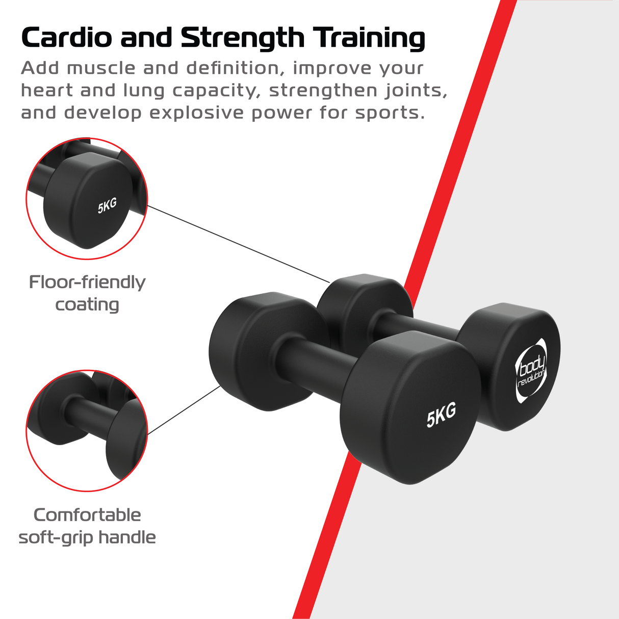 Halteres de neoprene de 5 kg com acabamento antiderrapante e cabo macio, ideais para treino de força e resistência