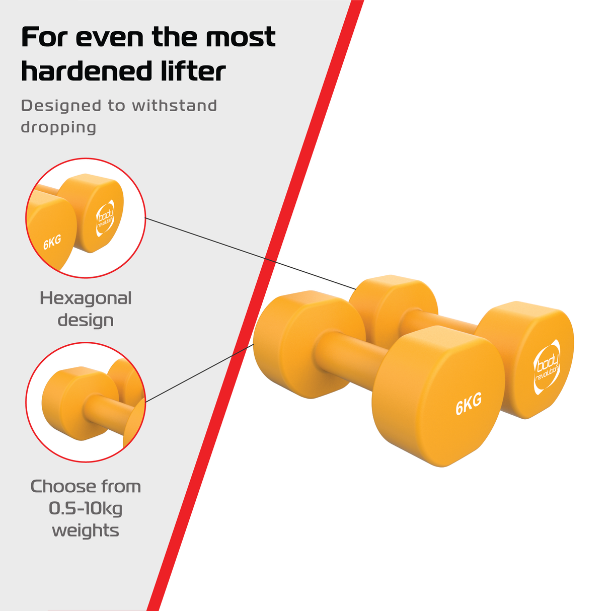 Halteres de neoprene laranja de 6 kg com design hexagonal, resistentes a quedas, ideais para treino em casa ou na academia