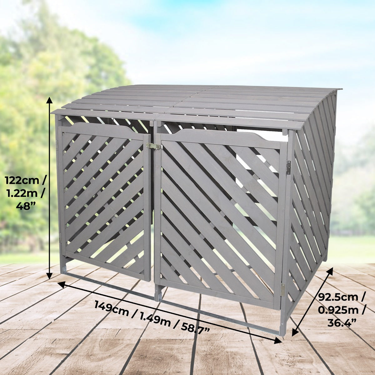 Recipiente de lixo com galpão duplo para armazenamento externo de madeira lavada cinza