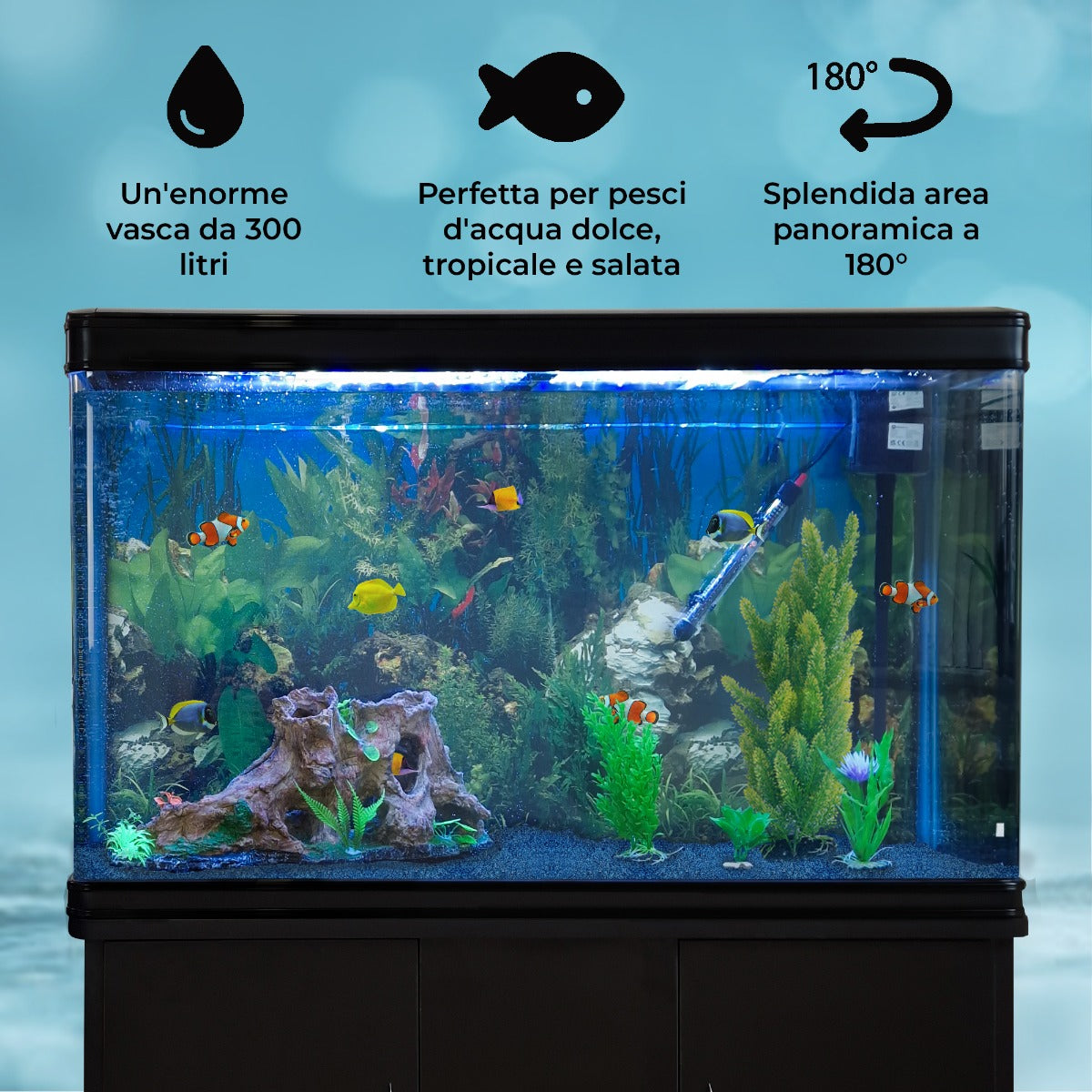 Aquá rio 300L com Móveis Pretos, Acessórios e Cascalho Azul