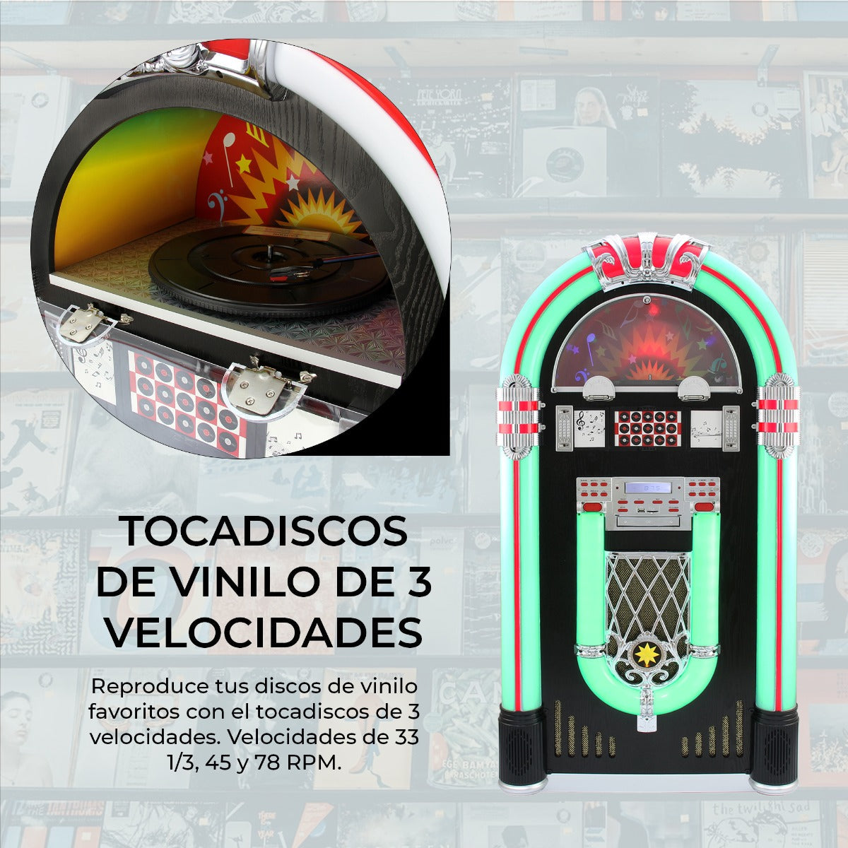Toca-discos retró para vinil e USB com rá dio