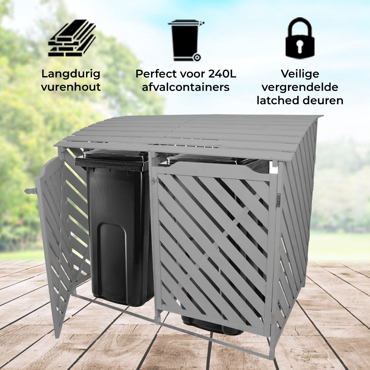 Recipiente de lixo com galpão duplo para armazenamento externo de madeira lavada cinza