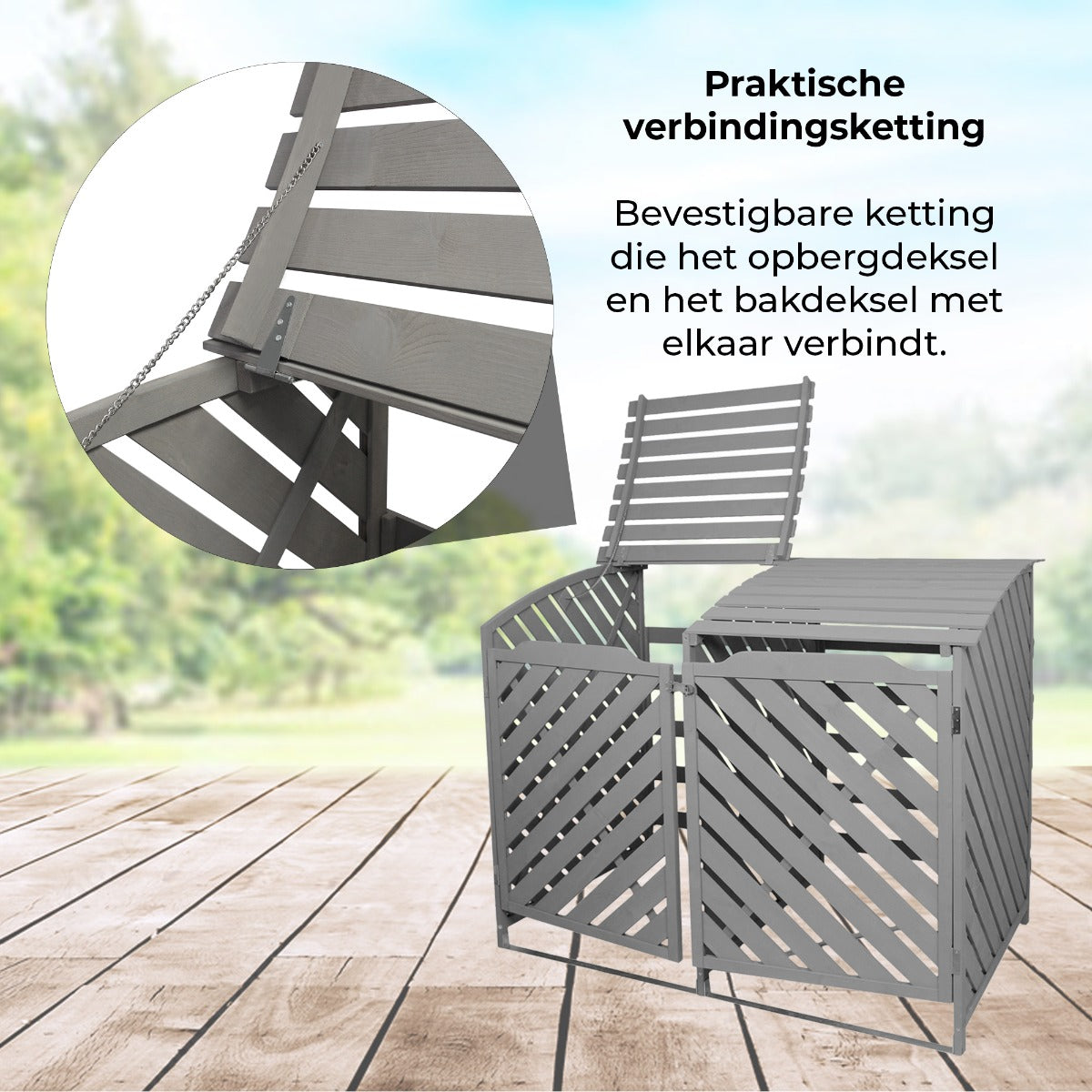 Recipiente de lixo com galpão duplo para armazenamento externo de madeira lavada cinza