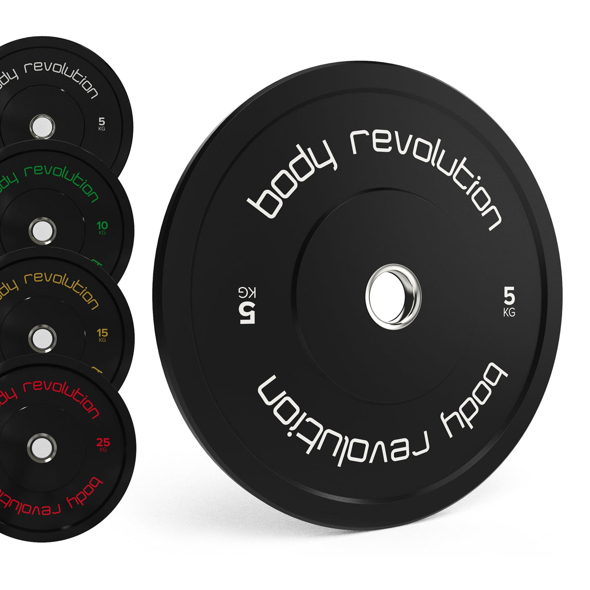 Discos bumper olímpicos pretos da Body Revolution, com pesos de 5kg, 10kg, 15kg e 25kg, destacando o design moderno e resistente