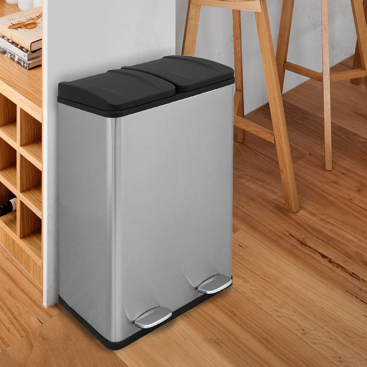 Lixeira com Pedal Duplo 2x30L Reciclagem, Prata