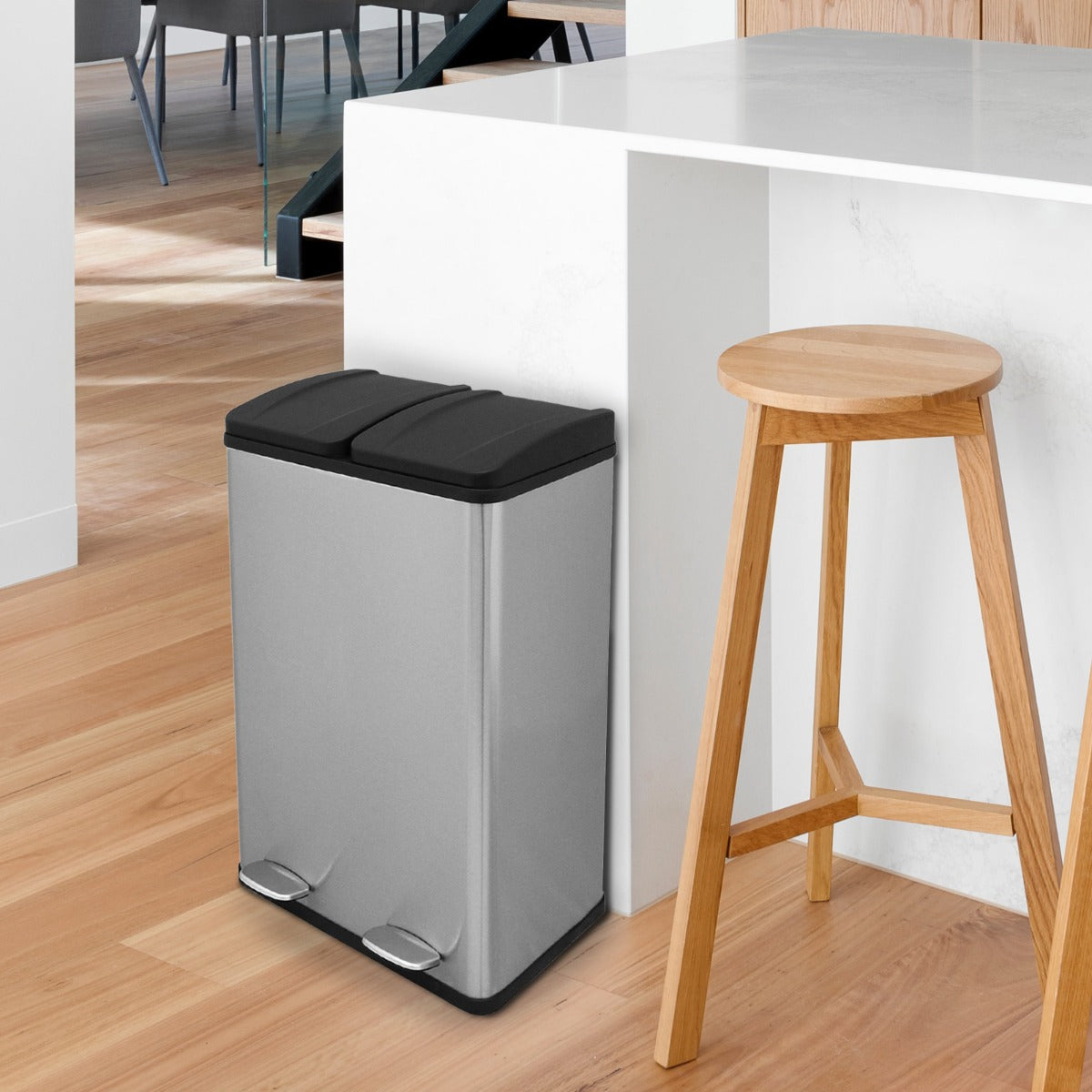 Lixeira com Pedal Duplo 2x30L Reciclagem, Prata