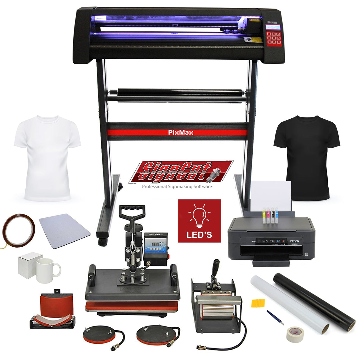 Kit de prensa térmica 5 em 1 + plotter de corte de vinil LED + prensa térmica para sublimação de canecas e camisetas + impressora