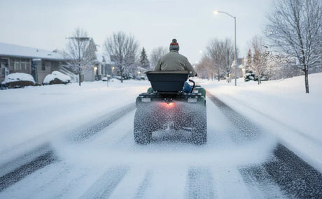 Distribuidor de ATV em um caminho coberto de neve, espalhando sal enquanto um homem dirige, com árvores e casas ao fundo