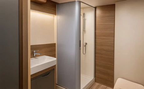 Cabine de duche tambour com paredes de vidro fosco, acabamentos em madeira clara e iluminação suave, ideal para casas de banho de campervans