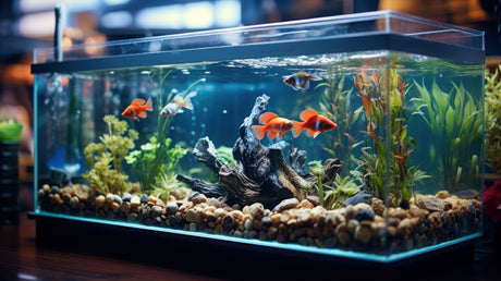 Aquário com peixes dourados e plantas verdes, rochas naturais e pedras decorativas, criando um ambiente relaxante e saudável