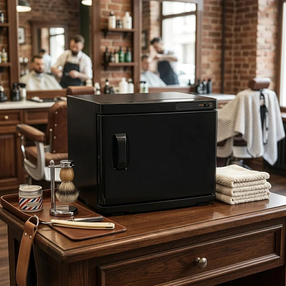 Aquecedor de toalhas preto em uma mesa de barbearia, com toalhas brancas, produtos de barbear e um ambiente rústico ao fundo