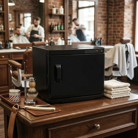 Aquecedor de toalhas preto em uma mesa de barbearia, com toalhas brancas, produtos de barbear e um ambiente rústico ao fundo
