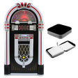 Toca-discos jukebox retro em preto e branco, com detalhes cromados e estojo para 40 CDs, ideal para amantes de música vintage