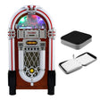 Vitrola jukebox retrô em madeira escura com detalhes prateados, luzes coloridas e estojo para 40 CDs ao lado, design clássico e nostálgico