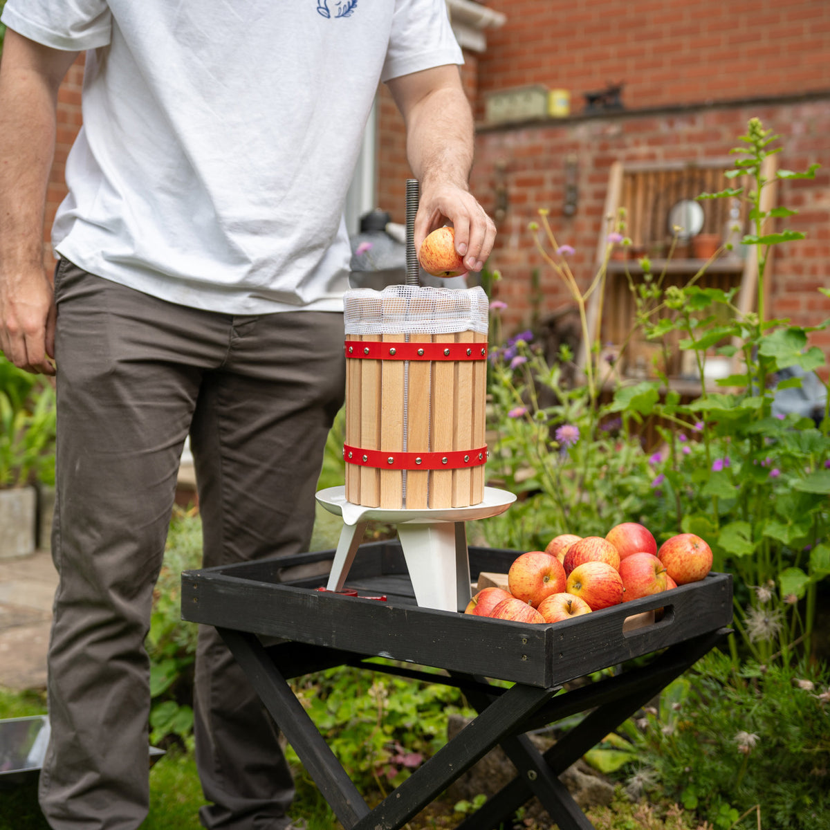 Prensa de frutas de madeira com detalhes vermelhos, sendo usada para esmagar maçãs em um jardim, com maçãs ao redor
