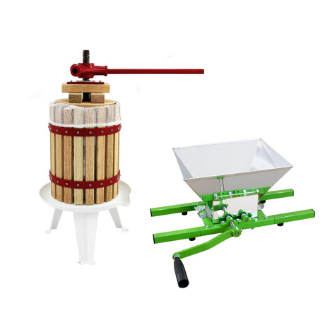 Prensa de frutas KuKoo de 18 litros com estrutura de madeira e triturador verde de 7 litros, ideal para fazer sucos naturais