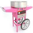 Máquina de algodão doce rosa vibrante com estrutura metálica, recipiente de aço inoxidável e rodas grandes para fácil movimentação