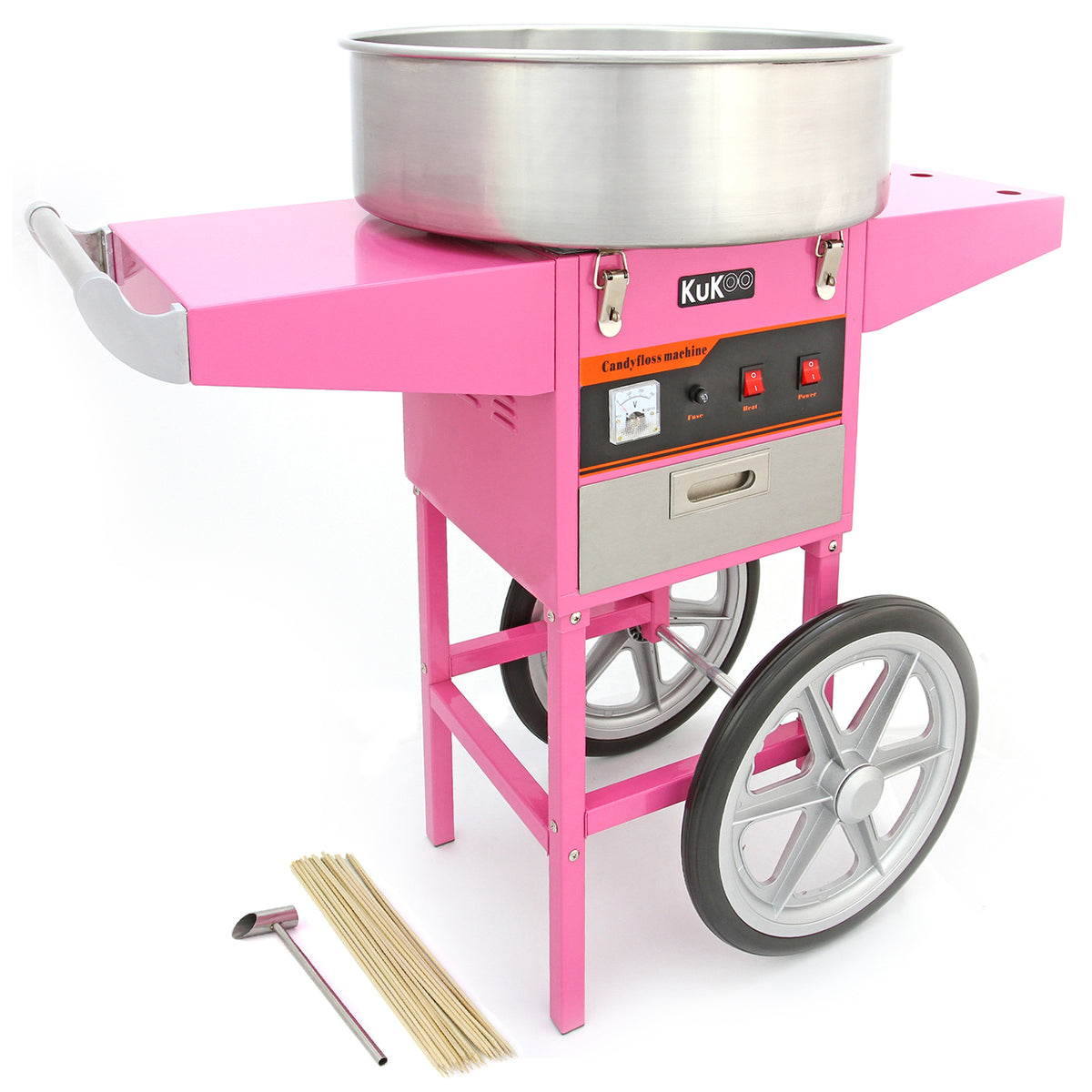 Máquina de algodão doce rosa brilhante com estrutura metálica, rodas prateadas e recipiente de aço inox, ideal para festas e eventos