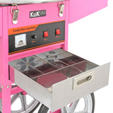 Máquina de algodão doce KuKoo, cor rosa vibrante, com painel de controle, gaveta de armazenamento em metal e rodas prateadas